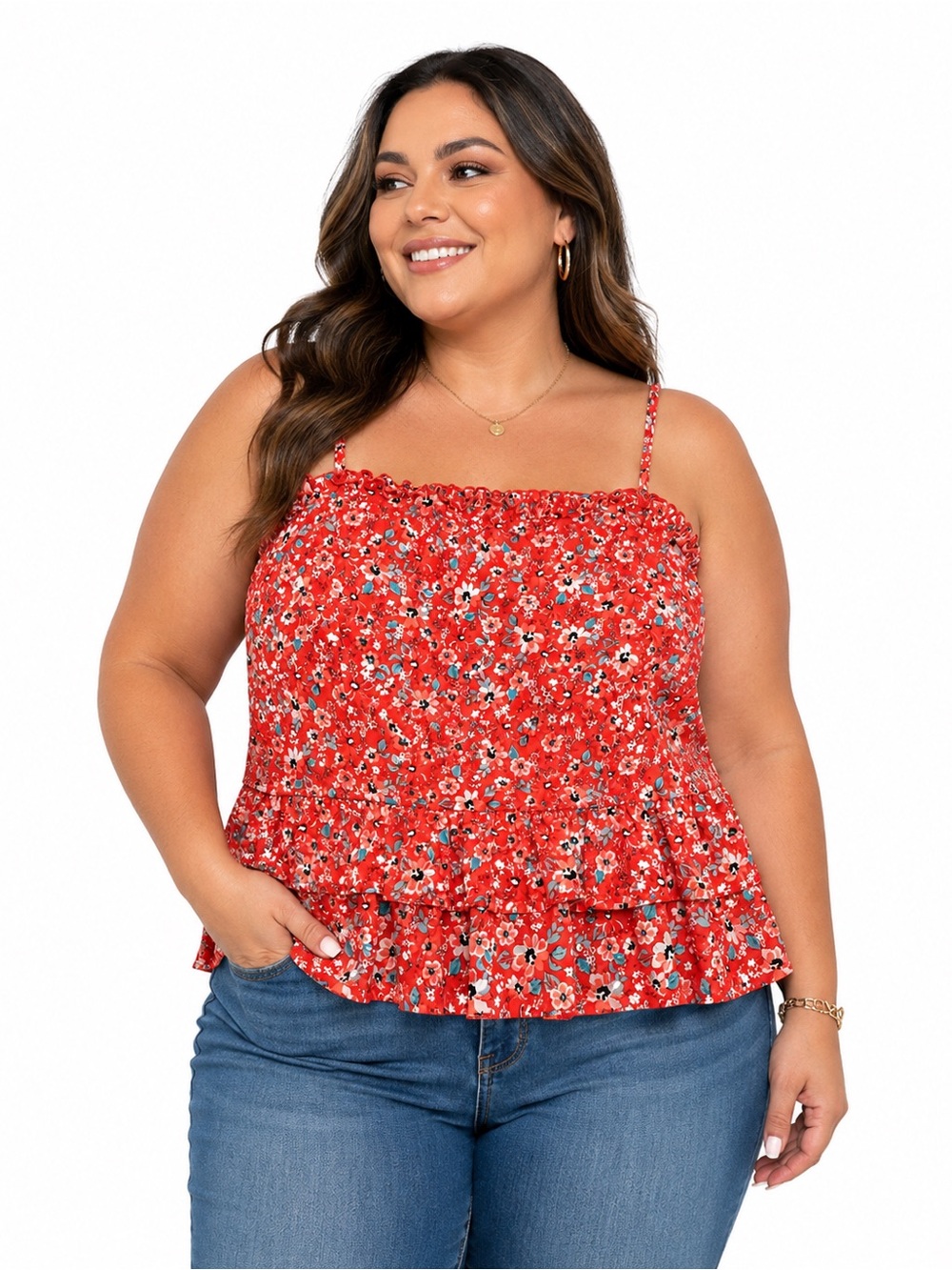 Trixxi Red Floral Smocked Ruffle Cami